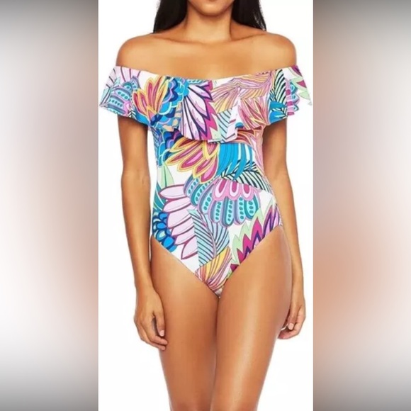 NWT Trina Turk Paradise Plume‎ Off Shoulder Ruffle One Piece Swim Suite 22W - Picture 1 of 9
